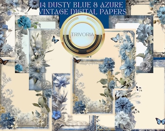 May include: A set of 14 digital papers featuring vintage frames with dusty blue and azure floral designs. The papers are perfect for scrapbooking, card making, and other crafting projects.