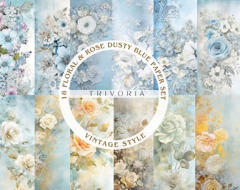 Dusty Blue & Gold Victorian Floral Digital Paper: Azure Bohemian Flowers, Aged Textures, Shabby Chic Ephemera, Junk Journal Kit Vintage Aged