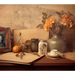 Peut inclure: Une nature morte vintage avec un portrait encadr&eacute;, un vase de fleurs orange et une tasse &agrave; th&eacute;. D'autres &eacute;l&eacute;ments incluent une citrouille, un pot et des livres ouverts, le tout dispos&eacute; sur une surface en bois. La palette de couleurs est chaude, avec des tons s&eacute;pia.