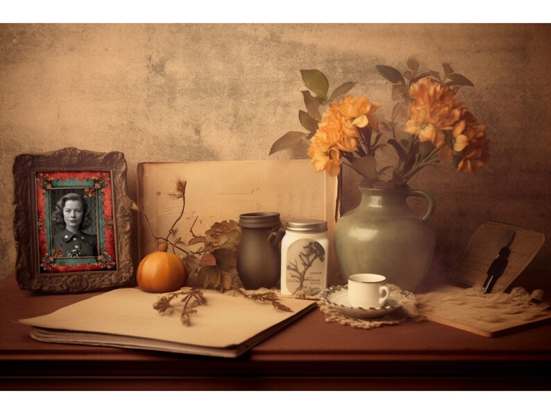 Peut inclure: Une nature morte vintage avec un portrait encadr&eacute;, un vase de fleurs orange et une tasse &agrave; th&eacute;. D'autres &eacute;l&eacute;ments incluent une citrouille, un pot et des livres ouverts, le tout dispos&eacute; sur une surface en bois. La palette de couleurs est chaude, avec des tons s&eacute;pia.