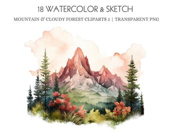 Mountain & Forest Watercolor PNG Set Landscape Scenes Mountain Clipart, Woodland, Watercolor Mountain Forest Details for Dynamic Creations 2