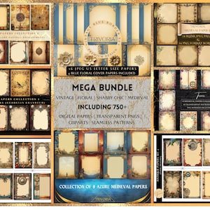 Mega Bundle Medieval Victorian Ephemera Floral Borders Illuminated Frames Shabby Chic Digital Papers in Dusty Blue Mint Gold Commercial Use