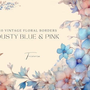 Cornici floreali blu polverose Clipart di rose ad acquerello Boho Azure Flowers Spring Invitation Decorativo Border Rose Papers Premade Clipart