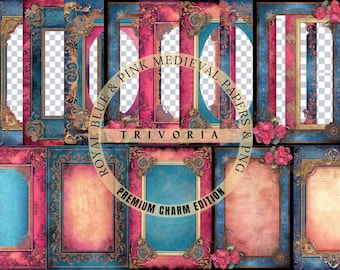 Vintage Victorian Illuminated Borders in Royal Blue and Pink: Decorative Frames & Floral Borders for Medieval Journal, Scrapbook Ephemera