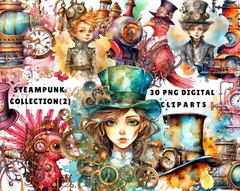 Steampunk vittoriano Clipart Bundle acquerello, Steampunk arte stampabile PNG per Junk Journal Scrapbook Fussy Cuts Digi Kit adesivi digitali 2