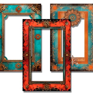 Peut inclure: Trois cadres photo orn&eacute;s avec des d&eacute;tails dor&eacute;s complexes. Les cadres pr&eacute;sentent des fonds turquoise, orange et rouges avec des motifs floraux et g&eacute;om&eacute;triques d&eacute;coratifs. Chaque cadre a un centre blanc et ouvert.