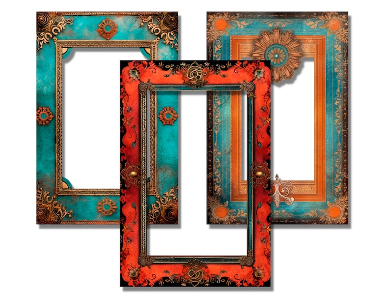 Peut inclure: Trois cadres photo orn&eacute;s avec des d&eacute;tails dor&eacute;s complexes. Les cadres pr&eacute;sentent des fonds turquoise, orange et rouges avec des motifs floraux et g&eacute;om&eacute;triques d&eacute;coratifs. Chaque cadre a un centre blanc et ouvert.