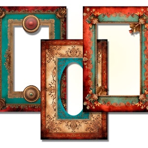 Peut inclure: Trois cadres photo orn&eacute;s aux motifs complexes. Les cadres combinent le turquoise, le rouge et l'or. Ils pr&eacute;sentent des motifs floraux et g&eacute;om&eacute;triques, avec une esth&eacute;tique vintage. Les cadres sont vides, pr&ecirc;ts &agrave; accueillir des photos ou des &oelig;uvres d'art.