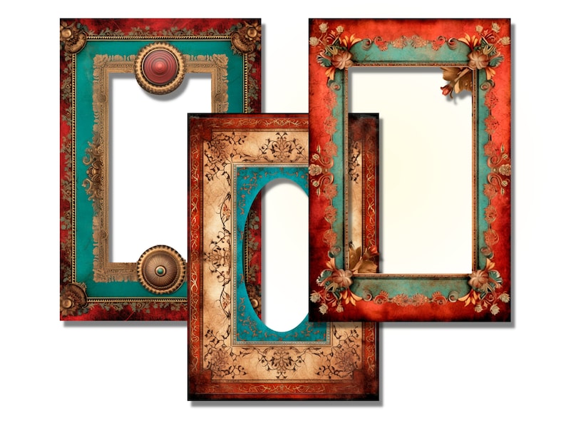 Peut inclure: Trois cadres photo orn&eacute;s aux motifs complexes. Les cadres combinent le turquoise, le rouge et l'or. Ils pr&eacute;sentent des motifs floraux et g&eacute;om&eacute;triques, avec une esth&eacute;tique vintage. Les cadres sont vides, pr&ecirc;ts &agrave; accueillir des photos ou des &oelig;uvres d'art.