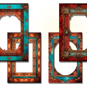 Peut inclure: Plusieurs cadres photo orn&eacute;s de couleurs turquoise, rouille et or. Les cadres pr&eacute;sentent des motifs floraux et des volutes complexes. Les cadres sont rectangulaires et ovales, avec un aspect vintage vieilli. Composition en couches.