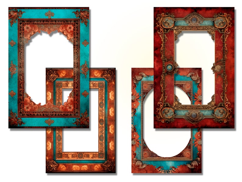 Peut inclure: Plusieurs cadres photo orn&eacute;s de couleurs turquoise, rouille et or. Les cadres pr&eacute;sentent des motifs floraux et des volutes complexes. Les cadres sont rectangulaires et ovales, avec un aspect vintage vieilli. Composition en couches.