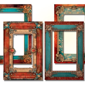 K&ouml;nnte beinhalten: Verschiedene verzierte Bilderrahmen in verschiedenen Gr&ouml;&szlig;en. Die Rahmen sind in Teal, Rot und Gold gehalten und weisen aufwendige Eckendesigns auf. Die Rahmen haben eine Vintage- und Antik-&Auml;sthetik, geeignet f&uuml;r Fotos oder Kunstwerke.