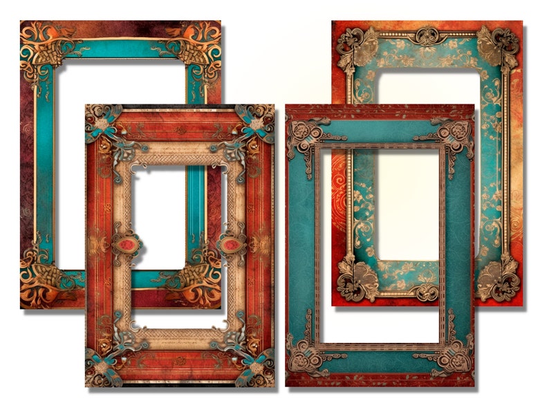 K&ouml;nnte beinhalten: Verschiedene verzierte Bilderrahmen in verschiedenen Gr&ouml;&szlig;en. Die Rahmen sind in Teal, Rot und Gold gehalten und weisen aufwendige Eckendesigns auf. Die Rahmen haben eine Vintage- und Antik-&Auml;sthetik, geeignet f&uuml;r Fotos oder Kunstwerke.