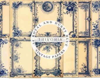 May include: Set of eight vintage digital paper backgrounds featuring blue and white floral designs with ornate frames. The papers are perfect for scrapbooking, card making, and other crafting projects.