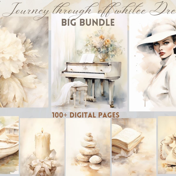 Big Bundle: Vintage White Junk Journal Paper Watercolor Castle Carriage off white Shabby Chic Patterns Music Digital Download Commercial Use