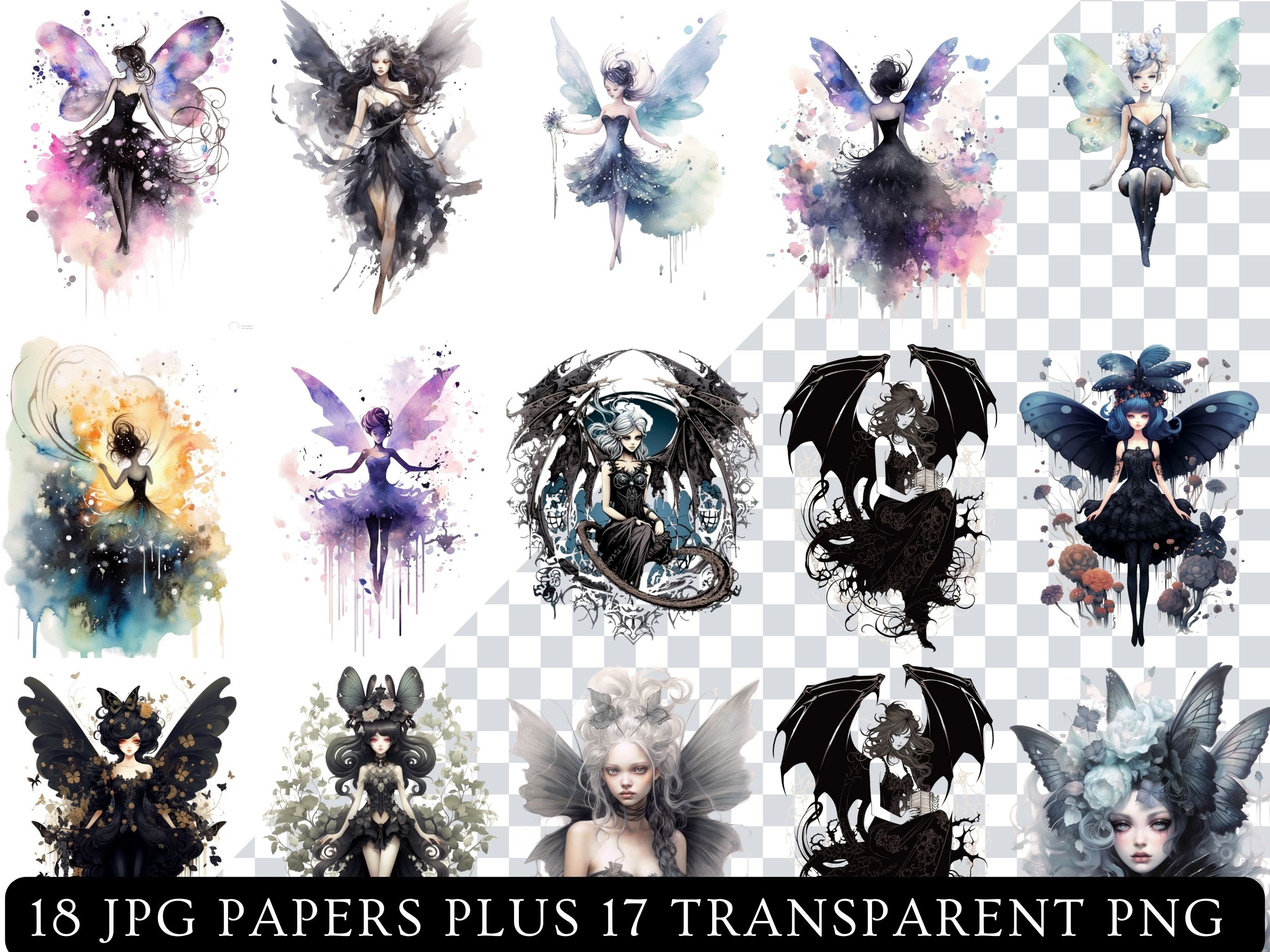 Black Fairy Watercolor Papers: Dark Fairies PNG, Gothic Fairy Clipart ...