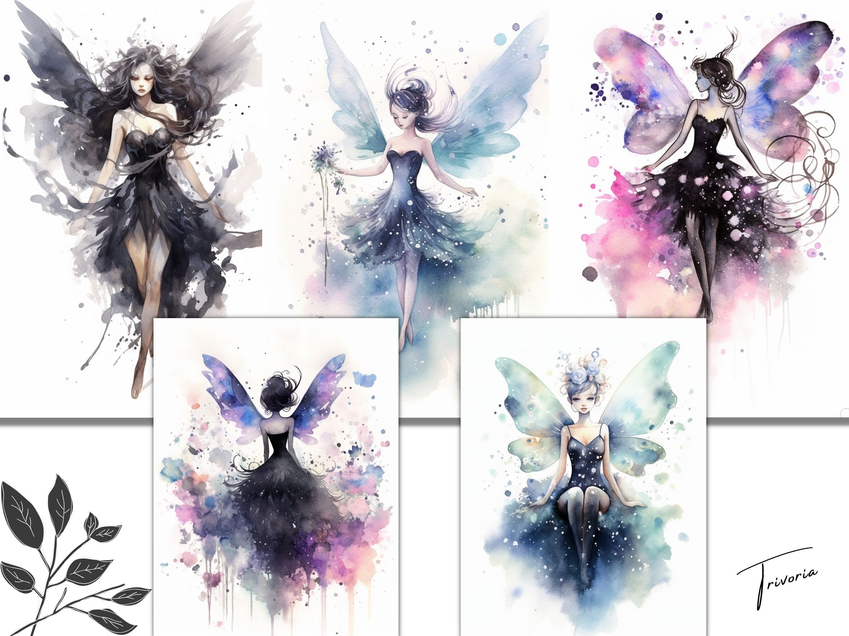 Black Fairy Watercolor Papers: Dark Fairies PNG, Gothic Fairy Clipart ...