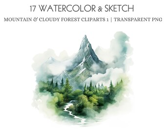 Paquete PNG de bosque de montaña de acuarela: escenas de imágenes prediseñadas de montaña de paisaje, fondos de bosque, montañas de bosque de acuarela, montaña PNG 1