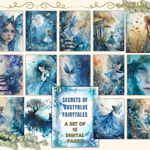 Stoffige blauwe fee aquarel digitale papieren, betoverde bos sprookje ongewenste dagboek, afdrukbare scrapbook Azure Dream Design commercieel gebruik