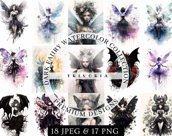Black Fairy Watercolor Papers: Dark Fairies PNG, Gothic Fairy Clipart, Fairytale Fantasy Illustrations, Enchanted Forest, Celtic Witch Art