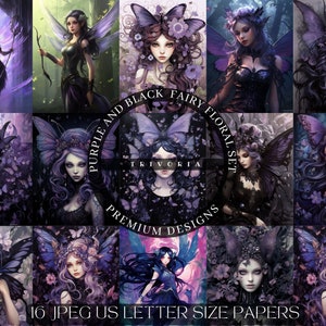 Paarse Dark Fairy aquarelpapier: Black Fairy Clipart, gotische bloemensprookje en fantasieillustraties Enchanted Forest Celtic Witch
