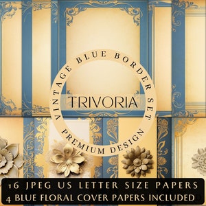 Bordi blu vintage medievali e vittoriani: diario spazzatura in stile rinascimentale, girasole botanico blu polveroso azzurro, carta francese Art Nouveau