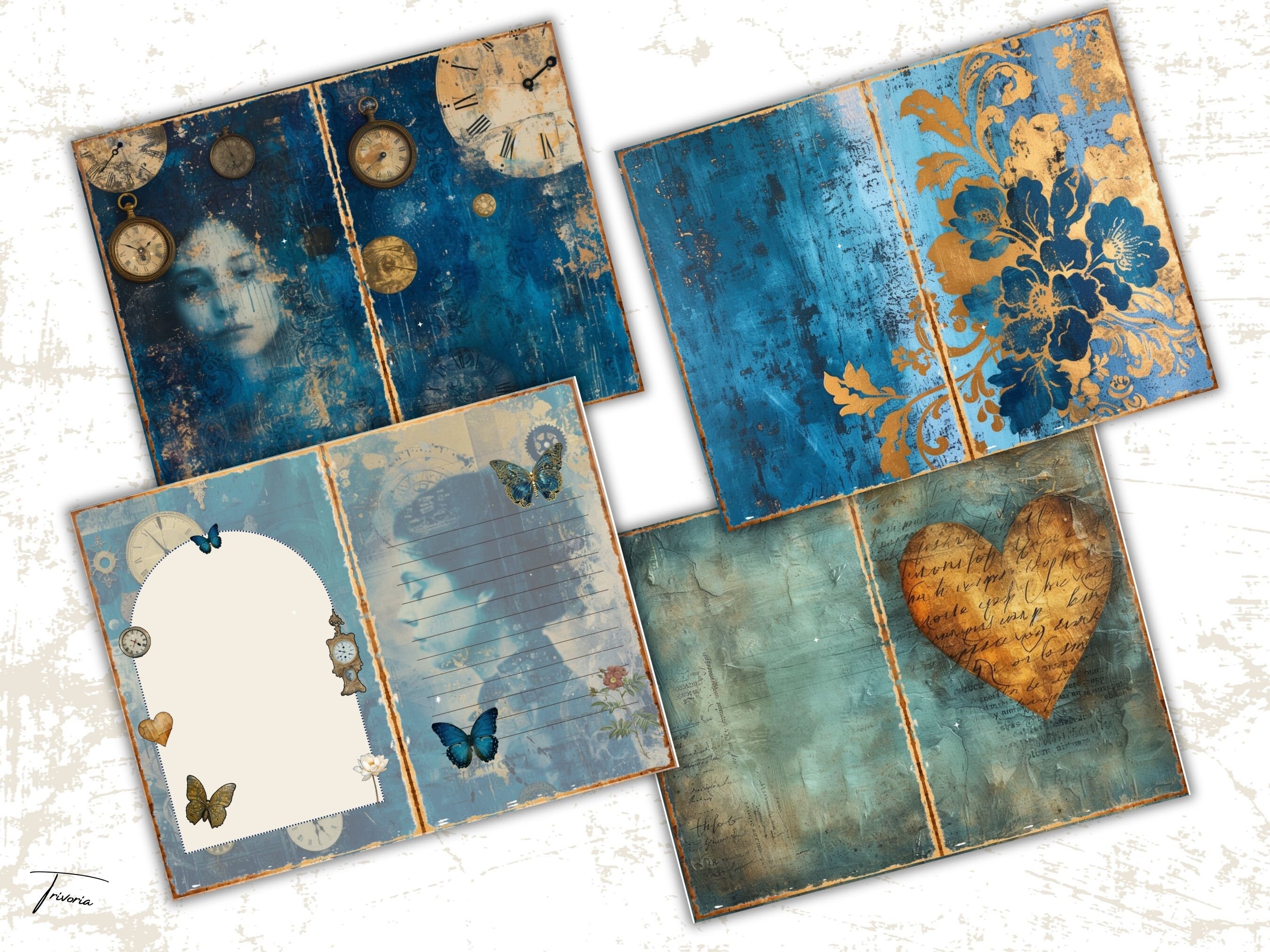 Blue Gold Vintage Junk Journal Kit Floral & Victorian Lady Printable ...