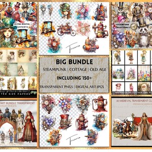 Steampunk BIG Bundle victorien & bohème vintage, médiéval, vieillesse ferme fille Cottage Clipart, voyageur éphémères usage Commercial