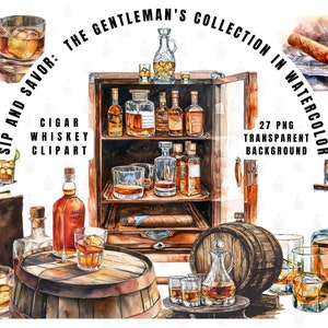 Whisky & Zigarre Gentlemen's Clipart: Bourbon, Cocktail, und Zigarren Aficionado PNGs für Home Office Dekor, Journals, Barkarte, kommerzielle Nutzung