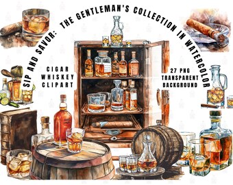 Whiskey & Cigar Gentlemen&#39;s Clipart: Bourbon, Cocktail, and Cigar Aficionado PNGs for Home Office Decor, Journals, Bar Menus, Commercial Use