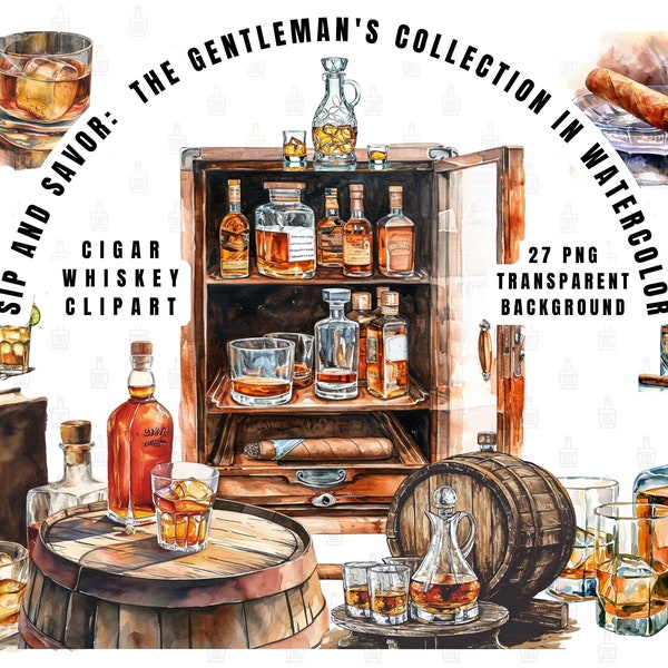 Whiskey & Cigar Gentlemen's Clipart: Bourbon, Cocktail, and Cigar Aficionado PNGs for Home Office Decor, Journals, Bar Menus, Commercial Use