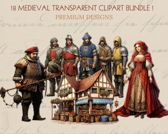 Medieval Fantasy Clipart Bundle: Knights, Armor, Weapons, Castles, Old Age Characters Symbols, Heraldry Shields, Sword & Shield, Tapestry 1
