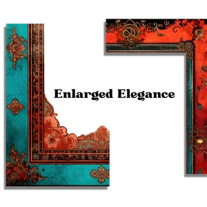 Peut inclure: Deux panneaux d&eacute;coratifs avec des motifs orn&eacute;s. L'un est turquoise avec des accents dor&eacute;s et bruns, l'autre est rouge avec des accents dor&eacute;s et noirs. Le texte "Enlarged Elegance" est au centre.