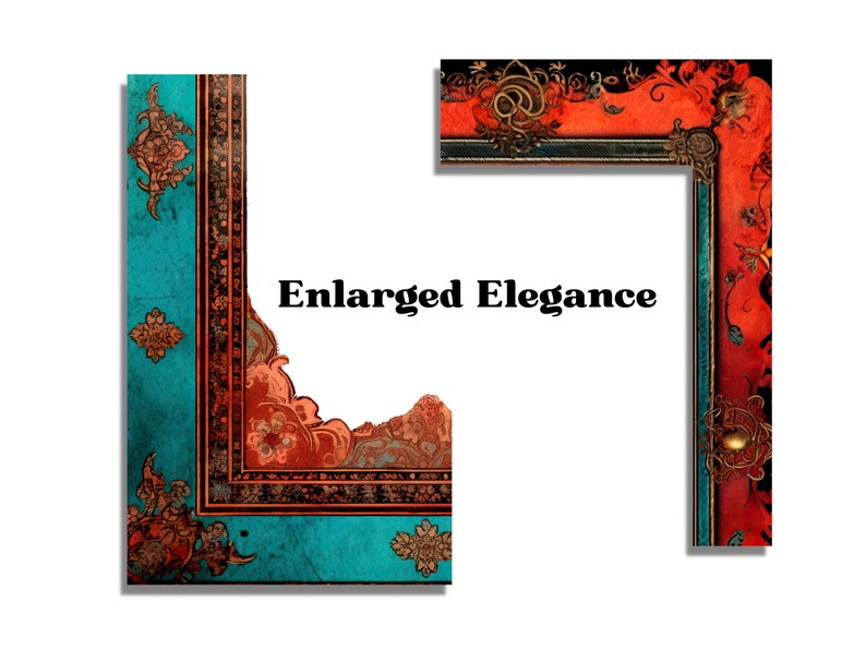 Peut inclure: Deux panneaux d&eacute;coratifs avec des motifs orn&eacute;s. L'un est turquoise avec des accents dor&eacute;s et bruns, l'autre est rouge avec des accents dor&eacute;s et noirs. Le texte "Enlarged Elegance" est au centre.
