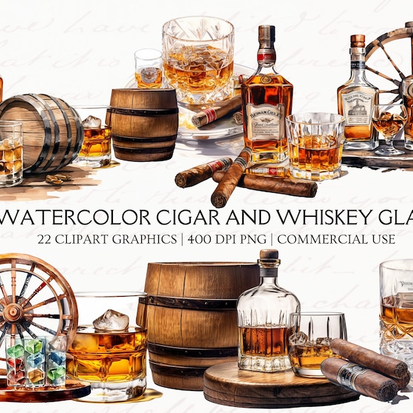 Whiskey and Cigar Transparent PNG Clipart: Bourbon, Cocktail Art Gentleman & Smoking Lounge Decor Watercolor Home Office Bar Restaurant Menu