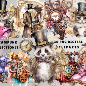 Steampunk Victorian Clipart: PNG, Watercolor Digital Fantasy Art, Printable Steampunk for Junk Journal, Scrapbooking, Fussy Cuts Digi Kit 1