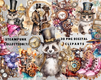 Steampunk Victorian Clipart: PNG, Watercolor Digital Fantasy Art, Printable Steampunk for Junk Journal, Scrapbooking, Fussy Cuts Digi Kit 1
