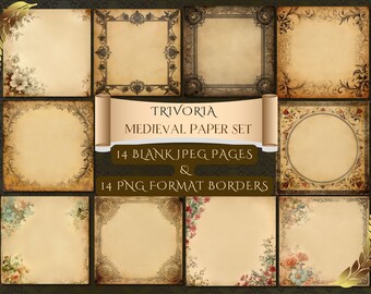 Medieval Mirage Vintage Floral Papers, Antique Botany Printable Ephemera for Travel Journals, Botanical Junk Journal Kit Illuminated Border