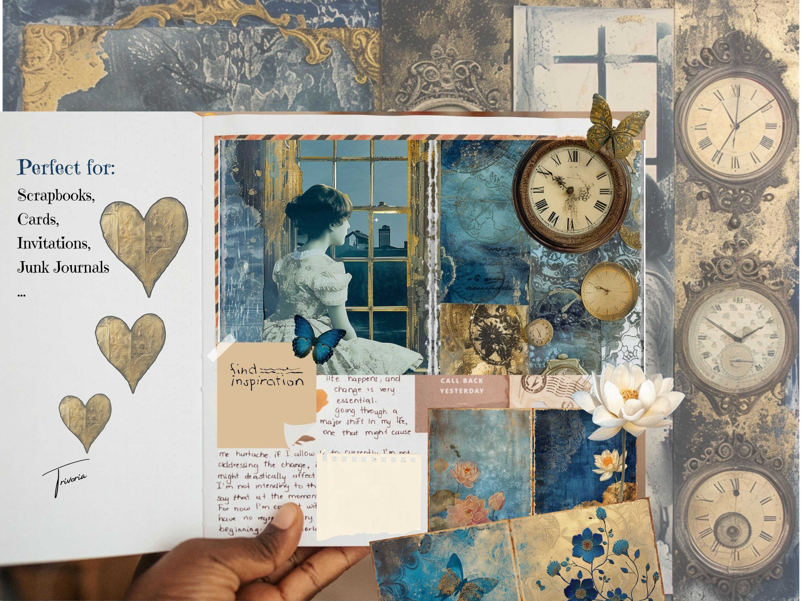 Blue Gold Vintage Junk Journal Kit Floral & Victorian Lady Printable ...