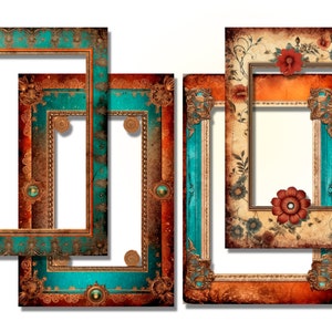K&ouml;nnte beinhalten: Eine Sammlung verzierter Bilderrahmen mit aufwendigen Designs. Die Rahmen weisen eine Mischung aus T&uuml;rkis, Braun und Gold auf, mit floralen und verschn&ouml;rkelten Details. Einige Rahmen haben dekorative Verzierungen und einen Vintage-Look.