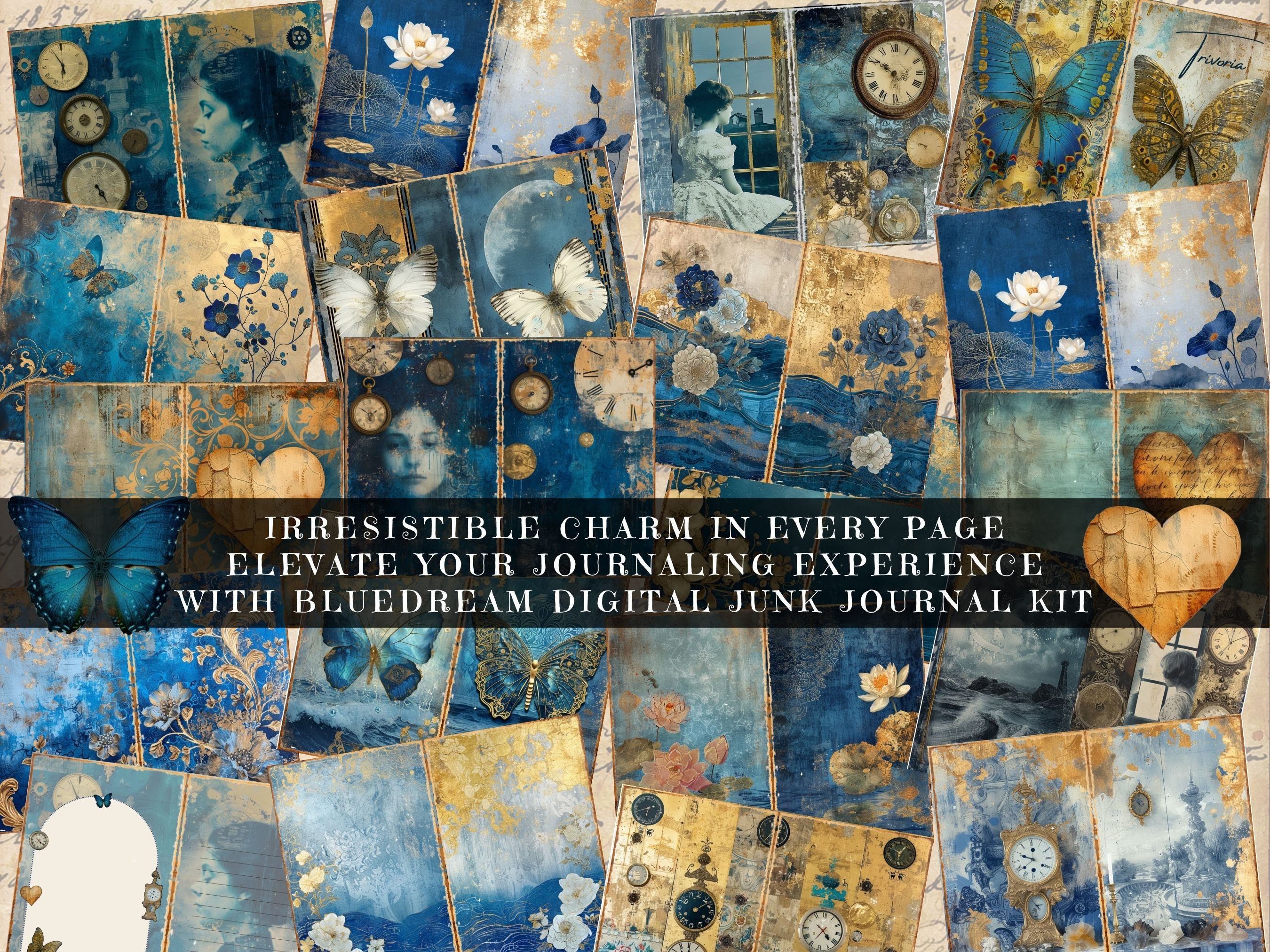 Blue Gold Vintage Junk Journal Kit Floral & Victorian Lady Printable ...