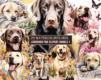 Yellow & Black Lab PNG: Labrador Retriever Floral Watercolor Clipart Bundle, Cute Dog Portraits, Golden Retriever Dog Breeds Illustrations 1