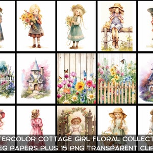 Imágenes Prediseñadas de chica de cabaña y mujeres de granja: Cottagecore PNG, kit de diario de primavera, efímera de scrapbooking boho, arte y papeles de pared imprimibles vintage