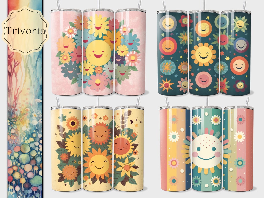 Retro Smiley 20oz Skinny Tumbler Wrap: Groovy Vintage Sunflower & Daisy ...
