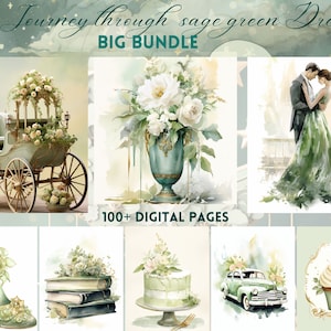 Big Bundle: Green Junk Journal Paper - Watercolor Castle & Carriage Music Patterns, Vintage Shabby Chic, Digital Download for Commercial Use