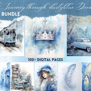 Pacchetto grande: Dusty Blue Junk Journal Paper Azure modello acquerello Vintage Shabby Chic Castle Carrozza Musica Download digitale Uso commerciale