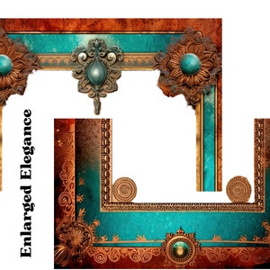 K&ouml;nnte beinhalten: Verzierter Bilderrahmen in T&uuml;rkis und Braun. Er hat bronzefarbene Verzierungen und t&uuml;rkisfarbene Akzente. Der Text "Enlarged Elegance" ist vertikal auf der linken Seite aufgedruckt. Der Rahmen ist detailliert gestaltet.