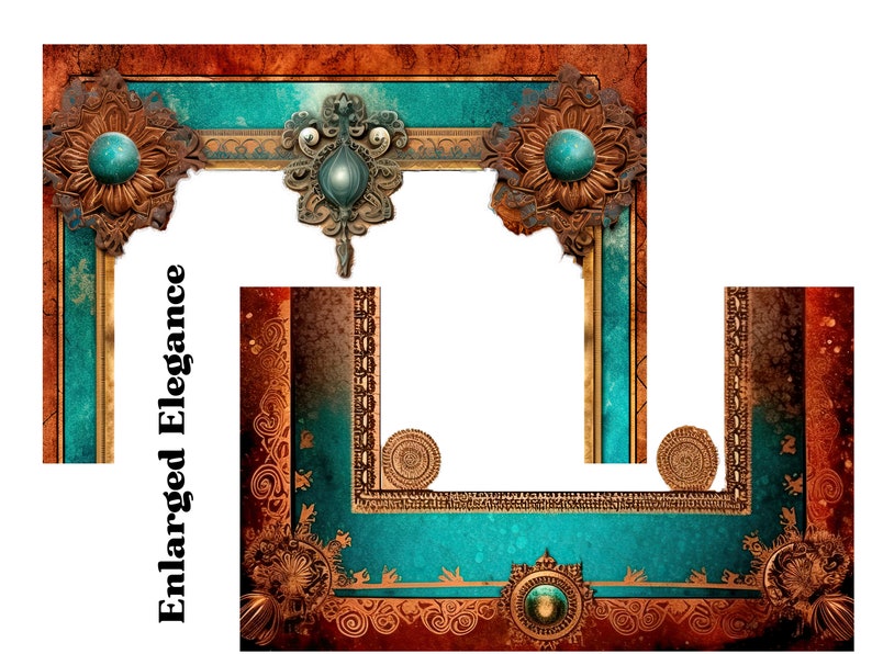 K&ouml;nnte beinhalten: Verzierter Bilderrahmen in T&uuml;rkis und Braun. Er hat bronzefarbene Verzierungen und t&uuml;rkisfarbene Akzente. Der Text "Enlarged Elegance" ist vertikal auf der linken Seite aufgedruckt. Der Rahmen ist detailliert gestaltet.