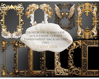 Antiker goldener Rahmen Clipart verziehrter Goldweinlese-Rahmen PNG druckbare Rahmen für Hauptdekor-Weinlese Clipart-verzierter Bilderrahmen-Kunst-Dekor 1