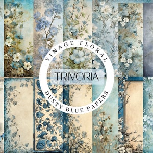 Carta digitale floreale vintage blu polveroso, kit diario spazzatura azzurro, effimera vittoriana per scrapbooking, texture estetiche invecchiate, artigianato con la carta